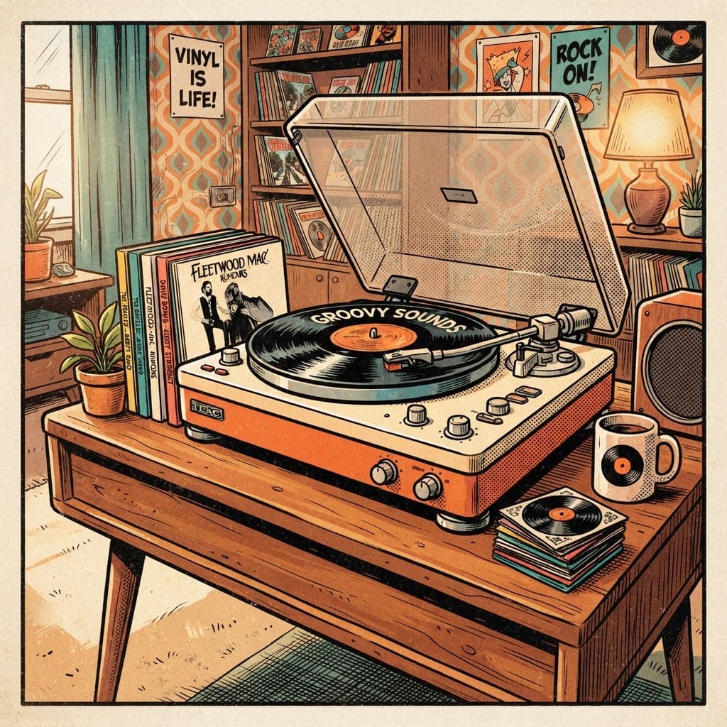 Record player on a rustic table.