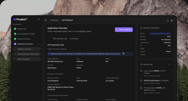 Prudent AI underwriting dashboard on a desktop scene