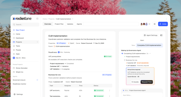 Rocketlane Governance Agent product on a cherry blossom desktop scene