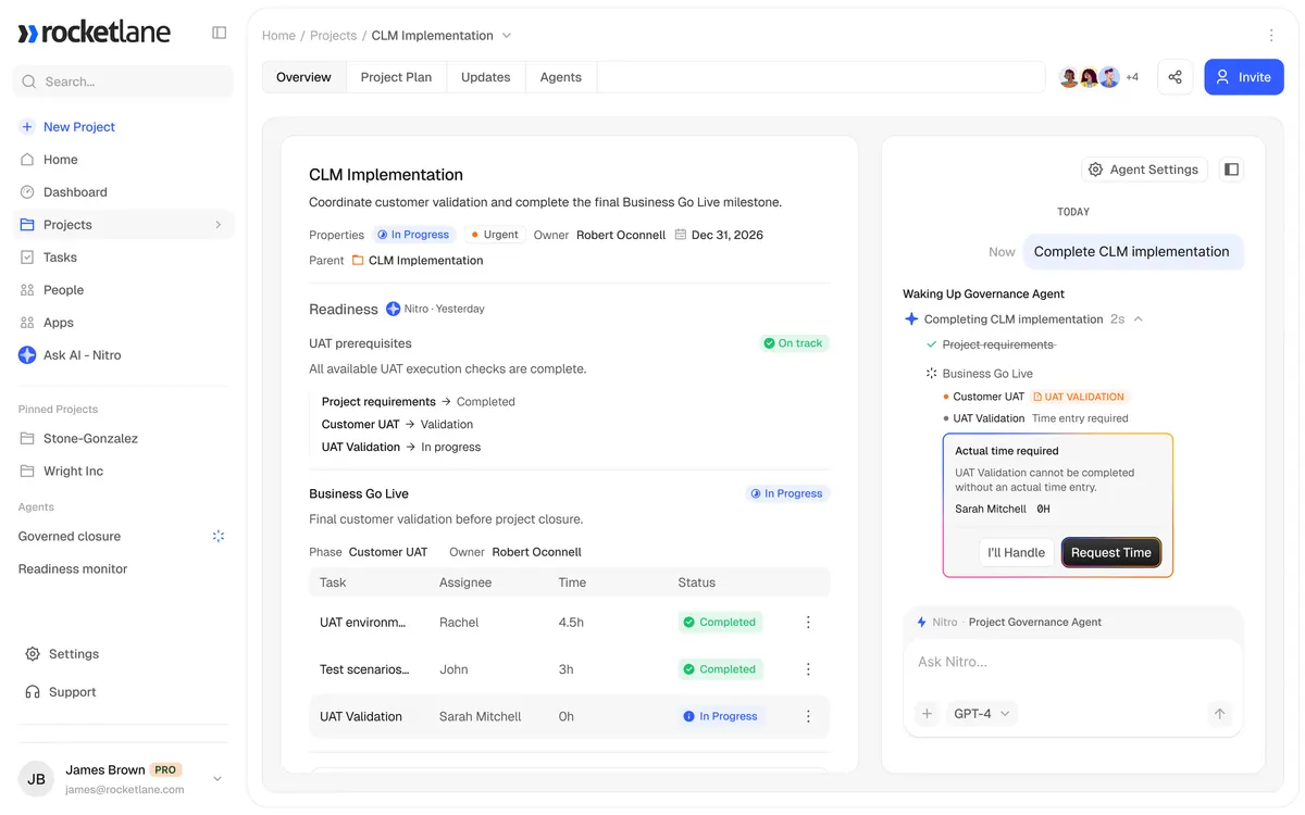 Rocketlane project workspace showing Nitro resolving a governance conflict